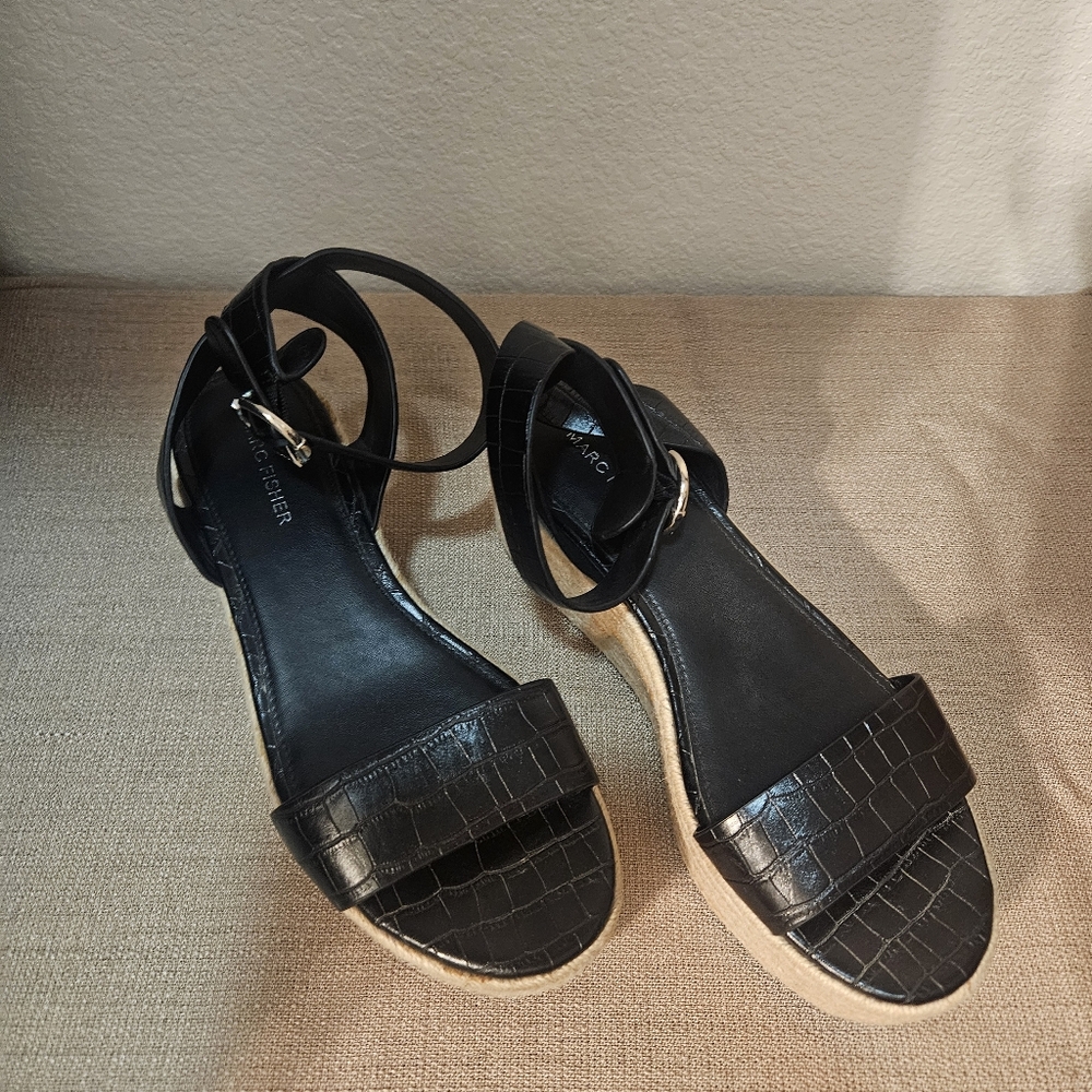 Marc Fisher Black Croc-Embossed Espadrille Sandals - Picture 2 of 8